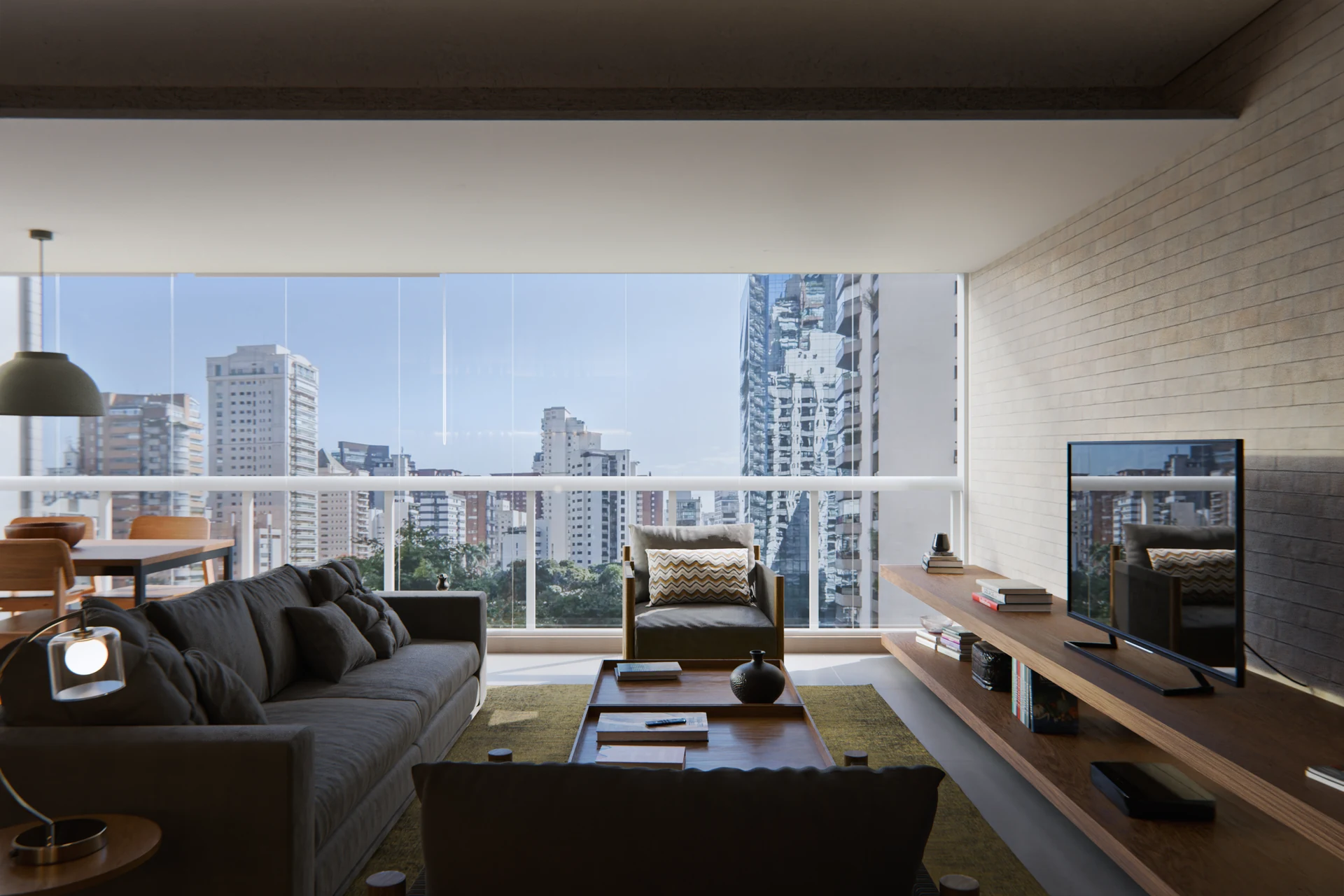 Apartamento FJC — sala integrada à varanda